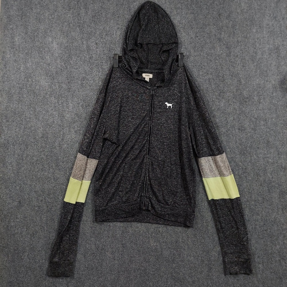 PINK Victorias Secret Hoodie Womens Medium Gray Full Zip Colorblock Dog Logo